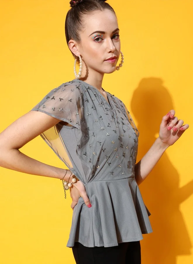STREET 9 Grey Embellished Net Peplum Top for Women