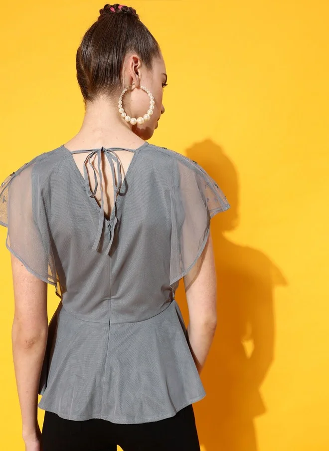 STREET 9 Grey Embellished Net Peplum Top for Women
