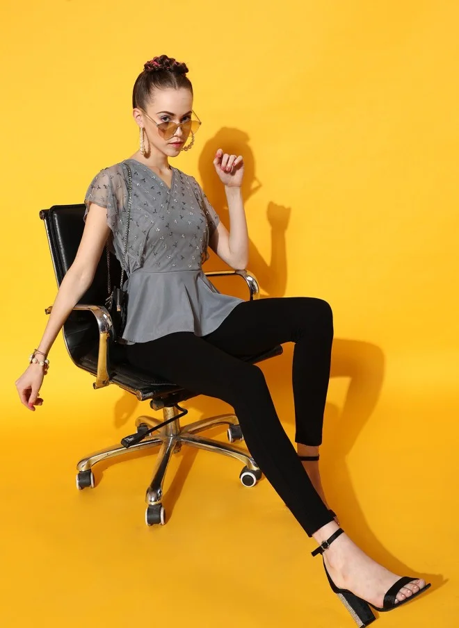 STREET 9 Grey Embellished Net Peplum Top for Women