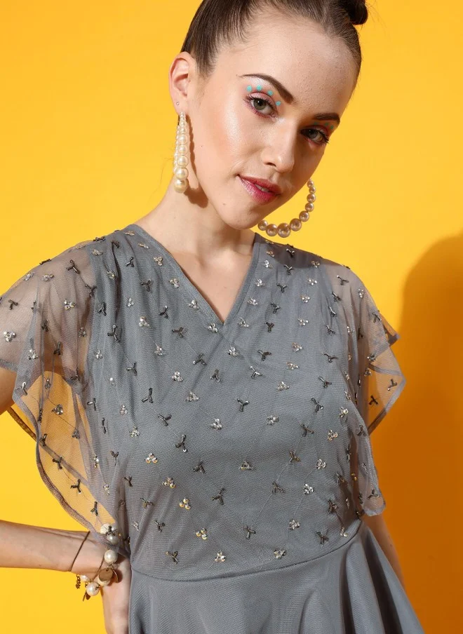 STREET 9 Grey Embellished Net Peplum Top for Women