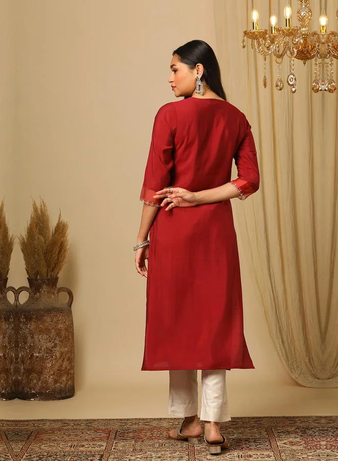 globus Embroidered V-Neck Straight Ethnic Kurta by Styli