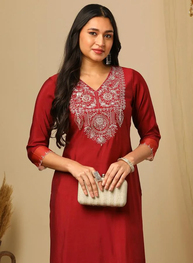 globus Embroidered V-Neck Straight Ethnic Kurta by Styli