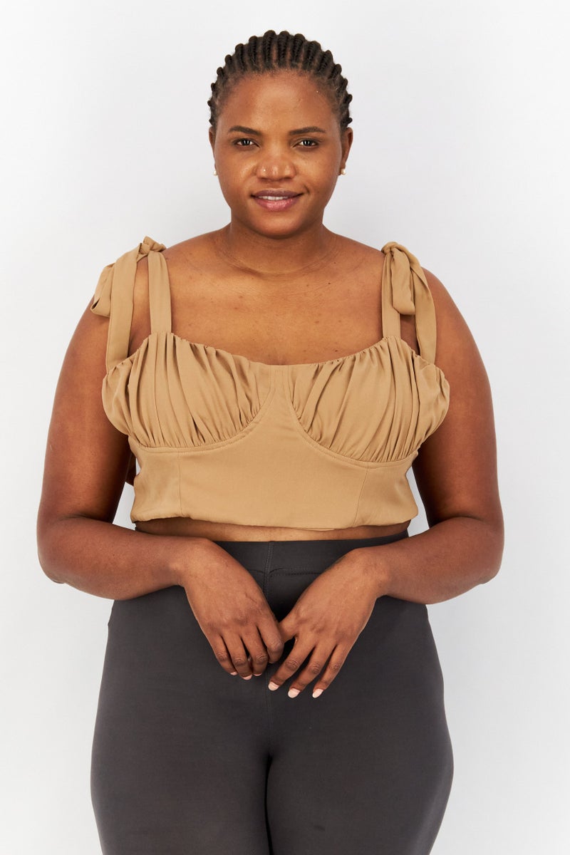 Flounce London Women Plus Size Sweetheart Neckline Sleeveless Crop Top, Tan - Image 1