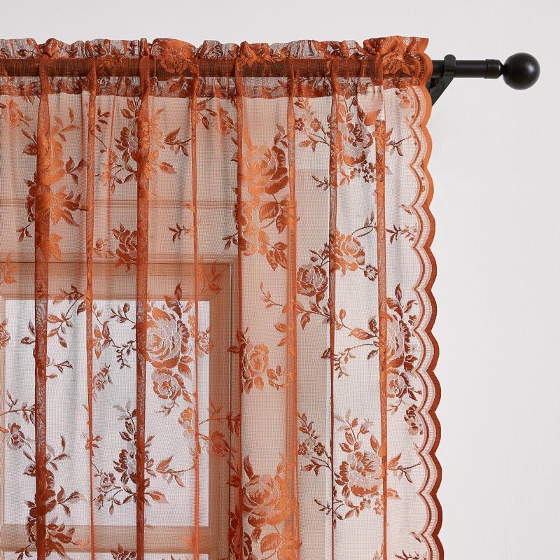 SEEKRIGHT Terracotta Lace Curtains 84 Inches Long - Country Rustic Floral Sheer For Living Room Bedroom - Autumn Drapes Rod Pocket Light Filtering Orange For Dining Room Fall Decor 52X84 - Image 4