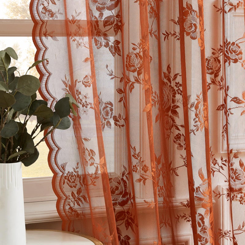 SEEKRIGHT Terracotta Lace Curtains 84 Inches Long - Country Rustic Floral Sheer For Living Room Bedroom - Autumn Drapes Rod Pocket Light Filtering Orange For Dining Room Fall Decor 52X84 - Image 5