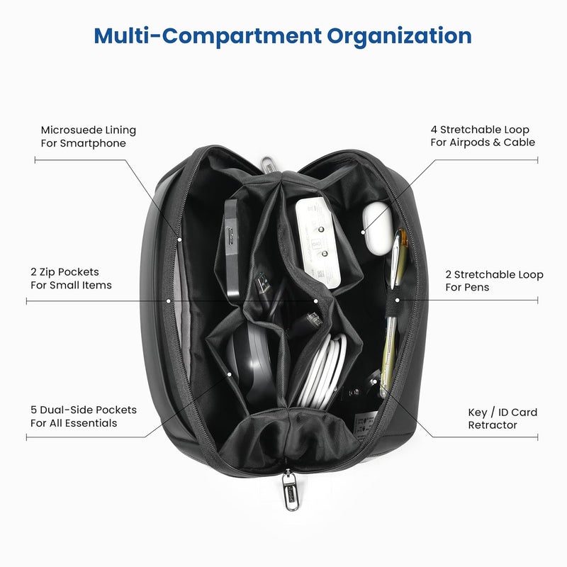 CRALOFT Store CRALOFT Tech Organizer Pouch - Water-Resistant Polyester Travel Bag for Cables, Gadgets, Hard Disk & Electronic Accessories - Multi-Compartment with Scratch-Proof Smartphone Pocket (Black) - Image 4