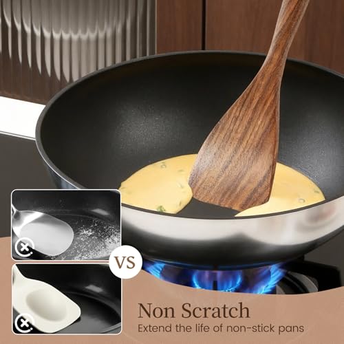 Kikcoin Wood Kitchen Utensils Set, 10 PCS Solid Teak Wooden Spoons for Cooking with Long Handle Heat-Resistant Wooden Cooking Utensils Set for Non-stick Cookware Including Hanging Hole - Image 2