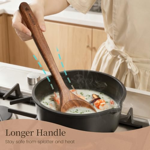 Kikcoin Wood Kitchen Utensils Set, 10 PCS Solid Teak Wooden Spoons for Cooking with Long Handle Heat-Resistant Wooden Cooking Utensils Set for Non-stick Cookware Including Hanging Hole - Image 4