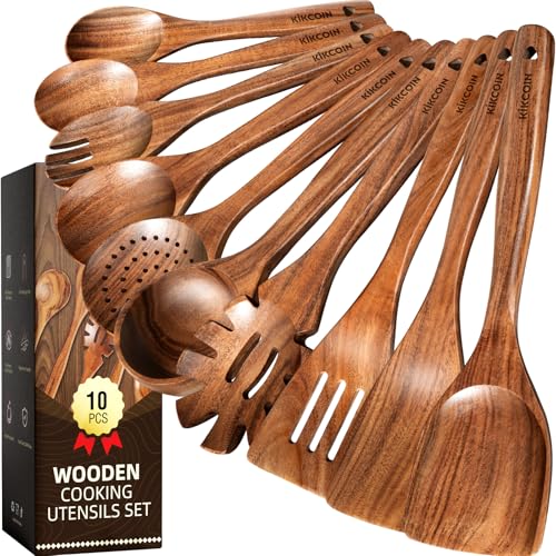 Kikcoin Wood Kitchen Utensils Set, 10 PCS Solid Teak Wooden Spoons for Cooking with Long Handle Heat-Resistant Wooden Cooking Utensils Set for Non-stick Cookware Including Hanging Hole - Image 1