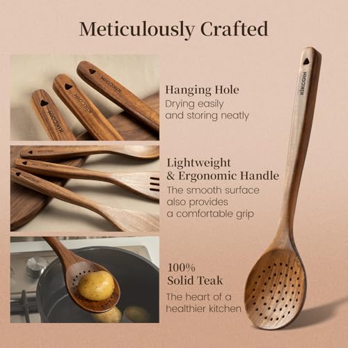 Kikcoin Wood Kitchen Utensils Set, 10 PCS Solid Teak Wooden Spoons for Cooking with Long Handle Heat-Resistant Wooden Cooking Utensils Set for Non-stick Cookware Including Hanging Hole - Image 5