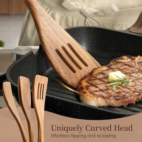 Kikcoin Wood Kitchen Utensils Set, 10 PCS Solid Teak Wooden Spoons for Cooking with Long Handle Heat-Resistant Wooden Cooking Utensils Set for Non-stick Cookware Including Hanging Hole - Image 3