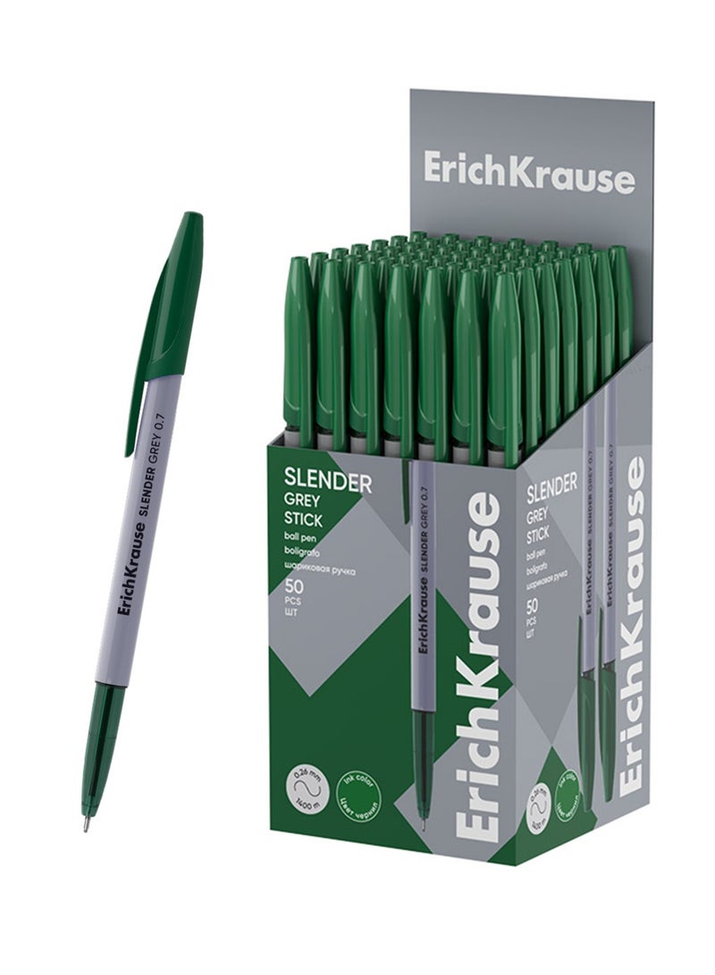 ErichKrause 50-Piece Slender Grey Stick Ballpoint Pen 0.7mm Tip Green Ink - Image 1