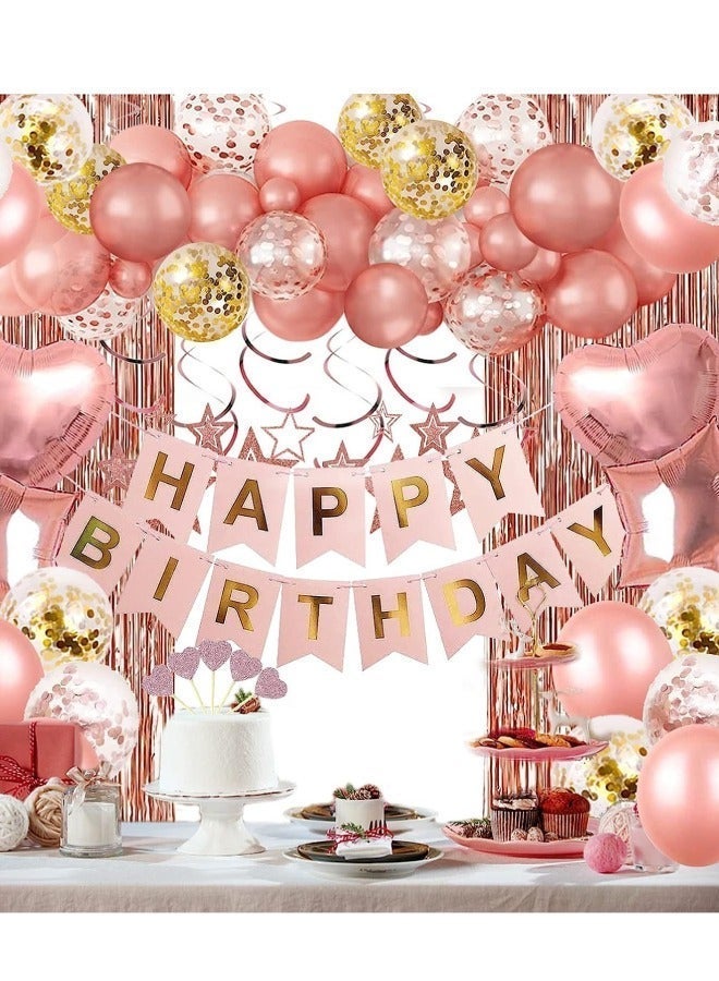 Rose Gold Birthday Party Decorations, 64Pcs Party Decorations Set with Happy Birthday Banner, 12-inch Confetti Balloons, 12-inch Metallic Rose Gold Balloons, Heart Star Shape Balloons, Fringe Curtain and Hanging Swirls, Ribbon, Glue Points and Cake Toppers for Women Girls Birthday Princess Party - Image 1
