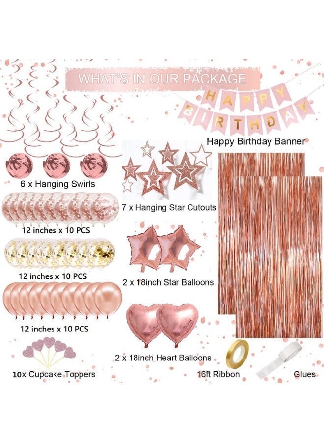 Rose Gold Birthday Party Decorations, 64Pcs Party Decorations Set with Happy Birthday Banner, 12-inch Confetti Balloons, 12-inch Metallic Rose Gold Balloons, Heart Star Shape Balloons, Fringe Curtain and Hanging Swirls, Ribbon, Glue Points and Cake Toppers for Women Girls Birthday Princess Party - Image 2