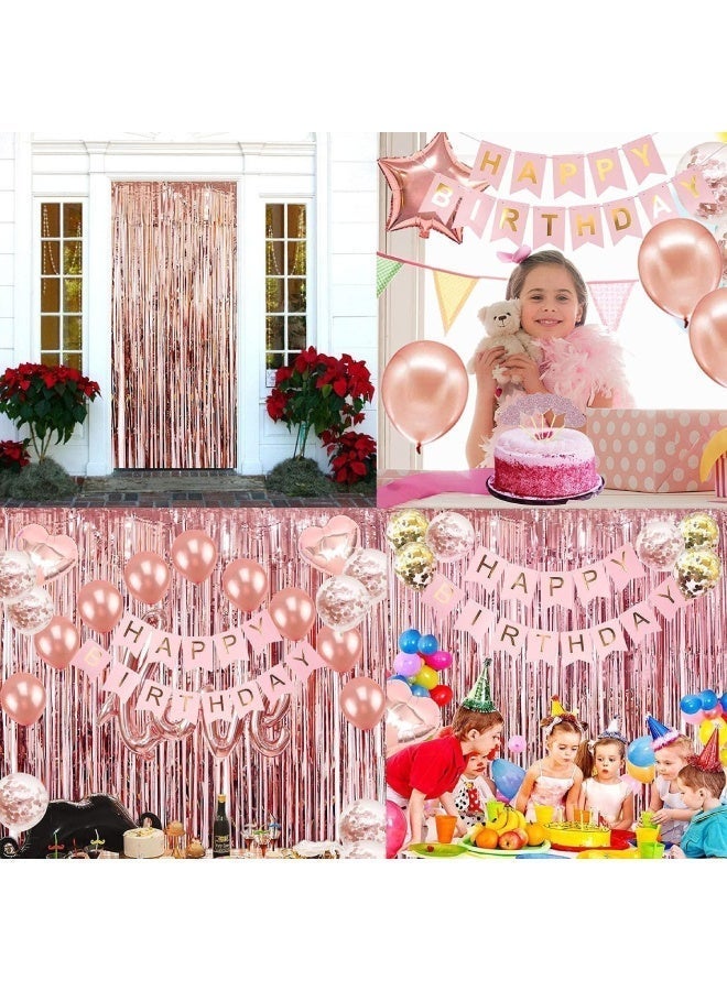 Rose Gold Birthday Party Decorations, 64Pcs Party Decorations Set with Happy Birthday Banner, 12-inch Confetti Balloons, 12-inch Metallic Rose Gold Balloons, Heart Star Shape Balloons, Fringe Curtain and Hanging Swirls, Ribbon, Glue Points and Cake Toppers for Women Girls Birthday Princess Party - Image 5