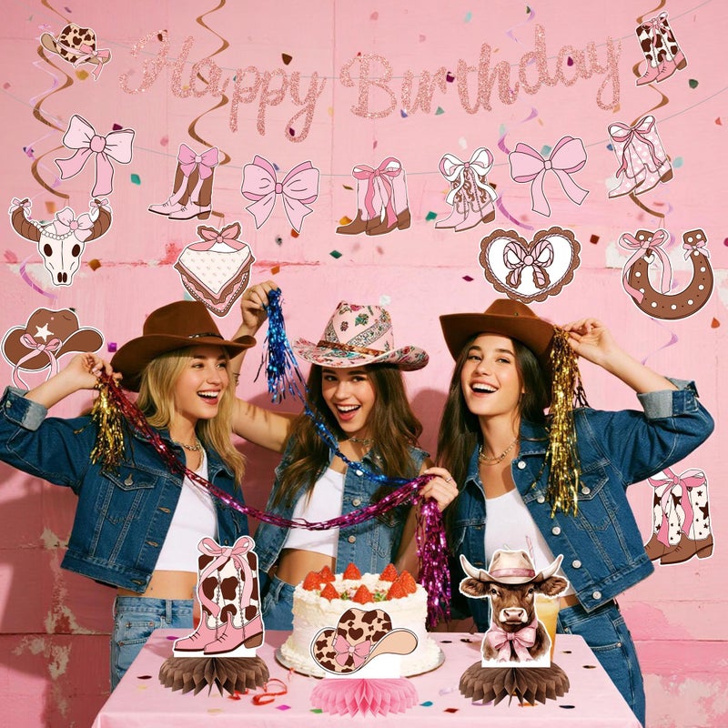 Roetyce Cowgirl Birthday Party Decorations, Pink Glitter Happy Birthday Banner Hanging Swirls Centerpieces for Girls Women, Boots and Bows Party Supplies, Western Cowgirls First Rodeo Photo Backdrop - Image 3