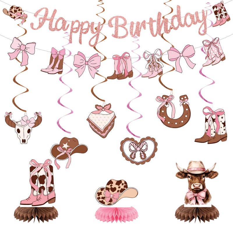 Roetyce Cowgirl Birthday Party Decorations, Pink Glitter Happy Birthday Banner Hanging Swirls Centerpieces for Girls Women, Boots and Bows Party Supplies, Western Cowgirls First Rodeo Photo Backdrop - Image 1