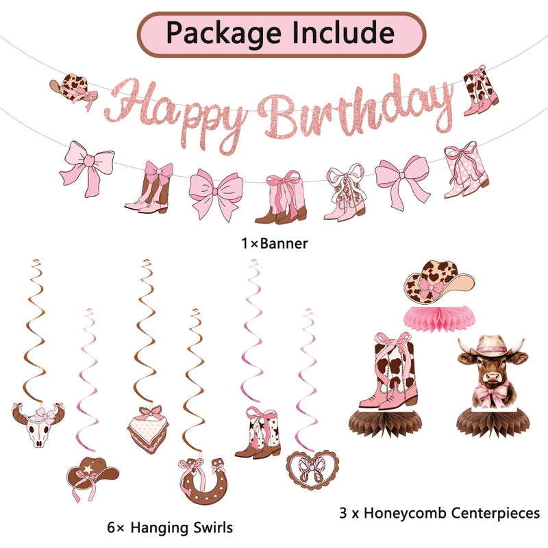 Roetyce Cowgirl Birthday Party Decorations, Pink Glitter Happy Birthday Banner Hanging Swirls Centerpieces for Girls Women, Boots and Bows Party Supplies, Western Cowgirls First Rodeo Photo Backdrop - Image 2