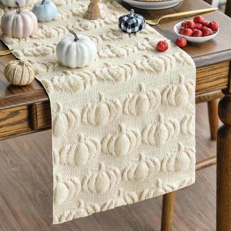 Artoid Mode Beige Soft Plush Faux Fur Jacquard Pumpkins Fall Table Runner, Seasonal Autumn Kitchen Dining Table Decoration for Home Party Decor 13x72 Inch - Image 1
