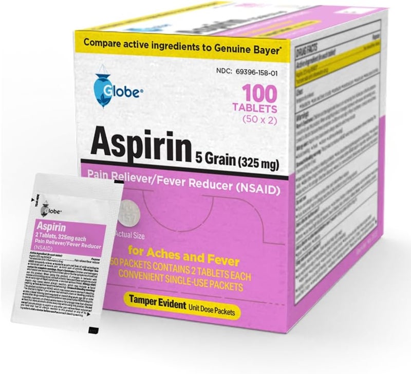 Globe أقراص أسبرين غلوب 325 ملغ 100 حبة عبوات للاستخدام الفردي مسكن للألم خافض للحرارة مسكن لآلام التهاب المفاصل تخفيف الصداع دواء الشقيقة مسكن للألم أسبرين - Image 1