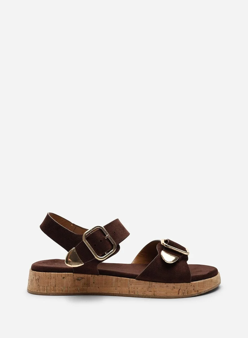 Where's That From Iridia Double Buckle Dark Brown Suede Low Wedge Sandal