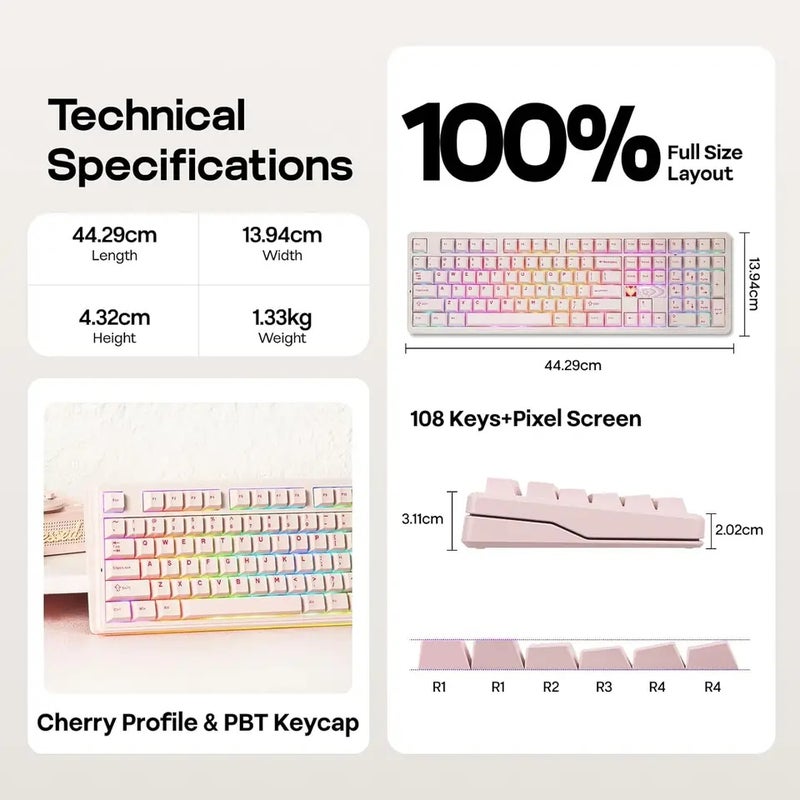 Aula F108 Pro V2 Mechanical Gaming Keyboard, Tri-Mode, 100% Layout, RGB Backlight, Hot-Swap Keycaps, for PC Esports - Image 5