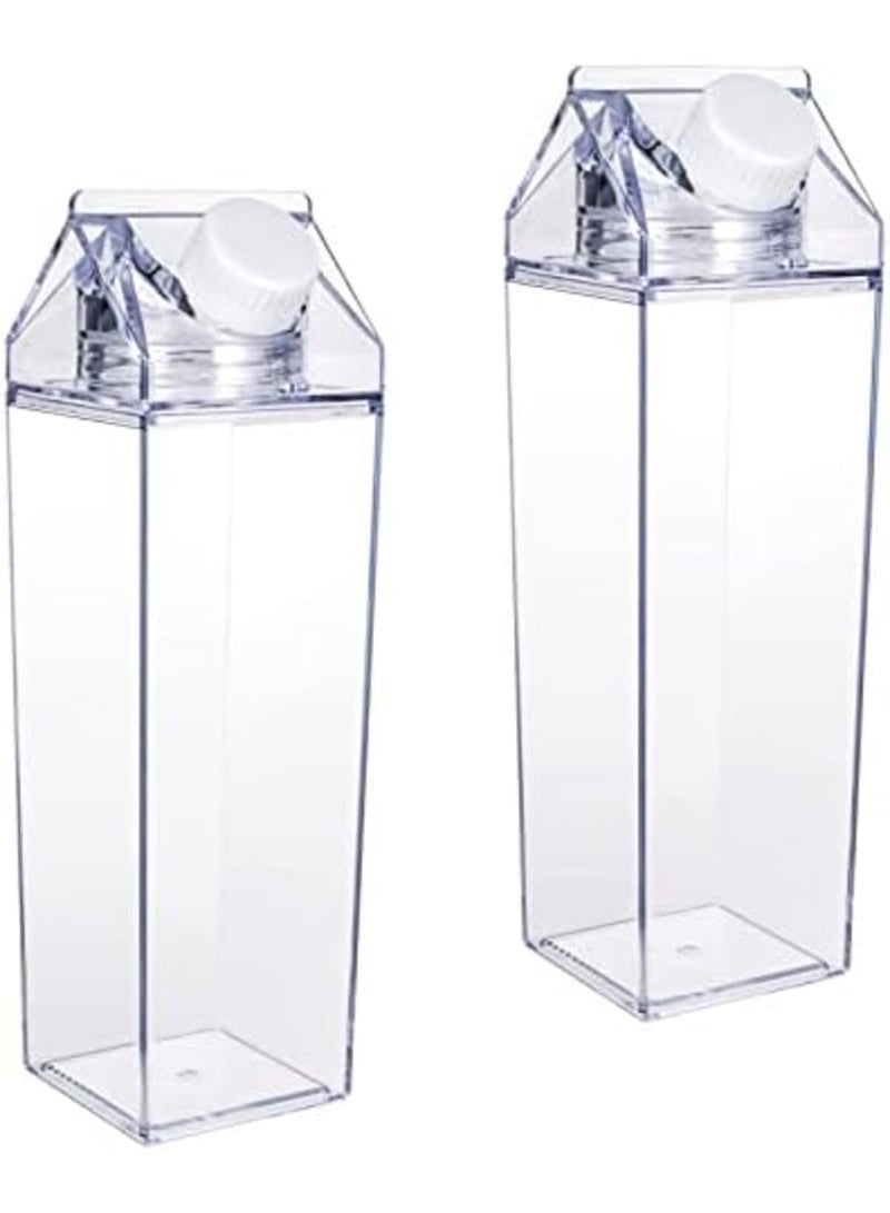 Luckam 2 Pack Milk Carton Water Bottle, Clear Square Plastic Milk Bottles Portable Transparent Juice Bottle for Outdoor Sports Travel Camping(500ml) - Image 1