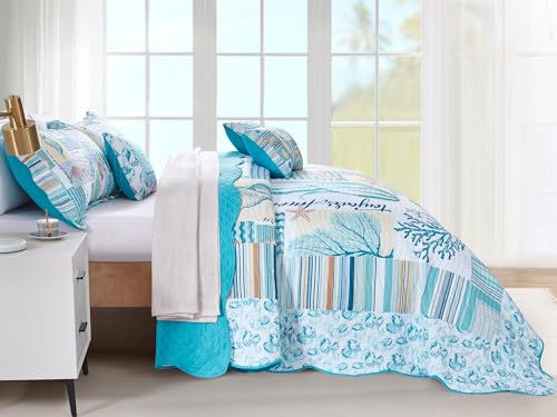 HZ & HY Coastal Oversized King Bedspread 128x120 Extra Wide, Lightweight Beach Bedding Nautical Quilt, Real Stitching, Reversible, 6 Piece, 100% Microfiber, King/California King, Coral - Image 5