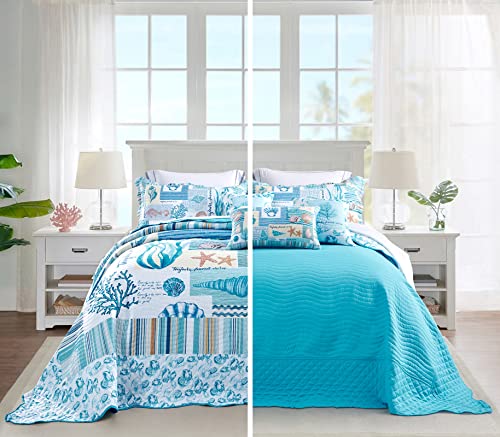 HZ & HY Coastal Oversized King Bedspread 128x120 Extra Wide, Lightweight Beach Bedding Nautical Quilt, Real Stitching, Reversible, 6 Piece, 100% Microfiber, King/California King, Coral - Image 2