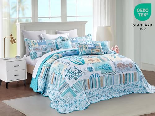 HZ & HY Coastal Oversized King Bedspread 128x120 Extra Wide, Lightweight Beach Bedding Nautical Quilt, Real Stitching, Reversible, 6 Piece, 100% Microfiber, King/California King, Coral - Image 4