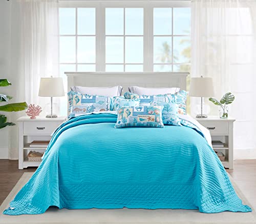 HZ & HY Coastal Oversized King Bedspread 128x120 Extra Wide, Lightweight Beach Bedding Nautical Quilt, Real Stitching, Reversible, 6 Piece, 100% Microfiber, King/California King, Coral - Image 3