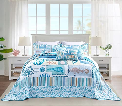 HZ & HY Coastal Oversized King Bedspread 128x120 Extra Wide, Lightweight Beach Bedding Nautical Quilt, Real Stitching, Reversible, 6 Piece, 100% Microfiber, King/California King, Coral - Image 1