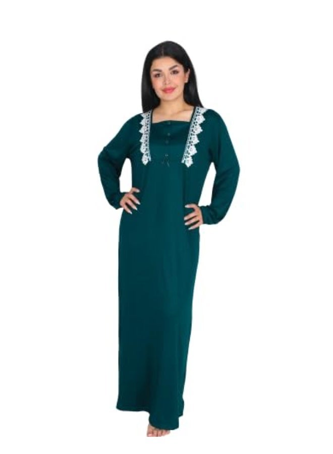 Dadoush Women Long Nightgown, Elegant Design with White Lace - Comfortable Maxi Abaya Summer Long Sleeve - Embroidered Long Dress with Wide Sleeves - Home Wear for Women - Image 1