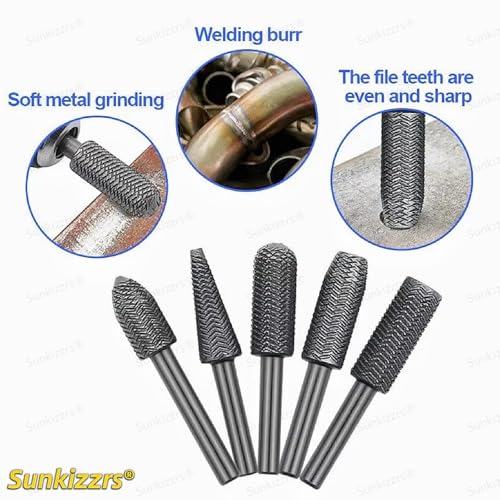 Sunkizzrs® 5-Pcs HSS Metal File Burr Drill Bit Set —Metal Working Rasps 6mm (1/4") Round Shank —High Speed Steel Rotary File Rasps for Deburring, Grinding, Shaping & Rust Removal - Image 3