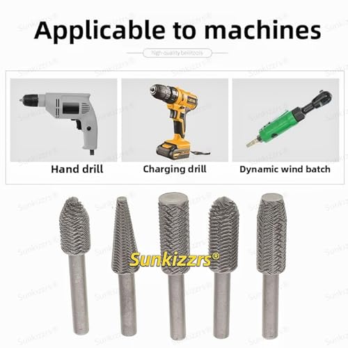 Sunkizzrs® 5-Pcs HSS Metal File Burr Drill Bit Set —Metal Working Rasps 6mm (1/4") Round Shank —High Speed Steel Rotary File Rasps for Deburring, Grinding, Shaping & Rust Removal - Image 4
