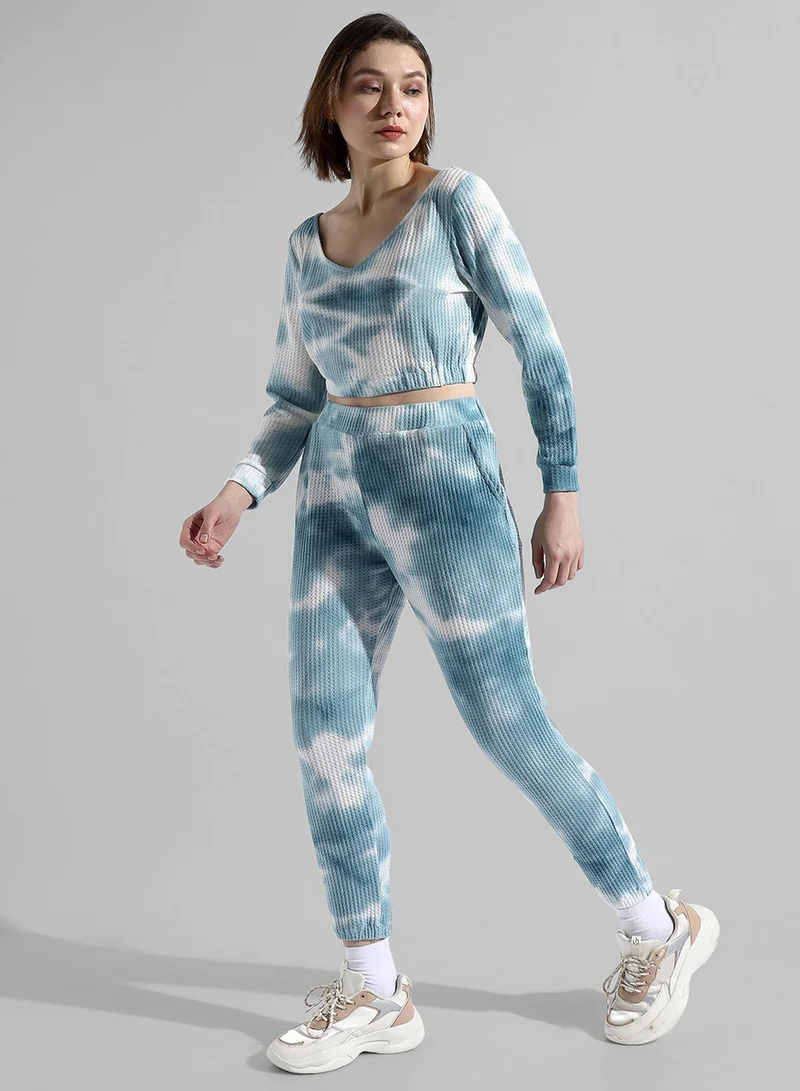 PINACOLADA PINACOLADA Women's Blue Tie-Dye V Neck Long Sleeve Regular Fit Co-Ords Set For Casual Wear |  Clothing Set Crafted With Comfort Fit And High Performance  For Everyday Wear