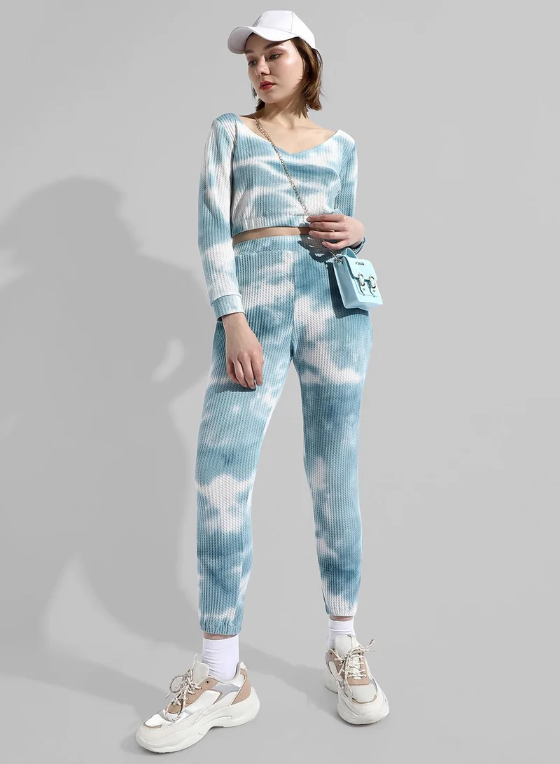 PINACOLADA PINACOLADA Women's Blue Tie-Dye V Neck Long Sleeve Regular Fit Co-Ords Set For Casual Wear |  Clothing Set Crafted With Comfort Fit And High Performance  For Everyday Wear
