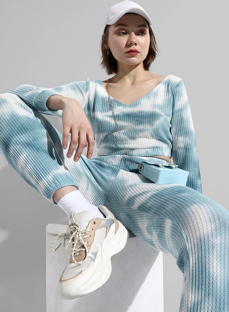 PINACOLADA PINACOLADA Women's Blue Tie-Dye V Neck Long Sleeve Regular Fit Co-Ords Set For Casual Wear |  Clothing Set Crafted With Comfort Fit And High Performance  For Everyday Wear