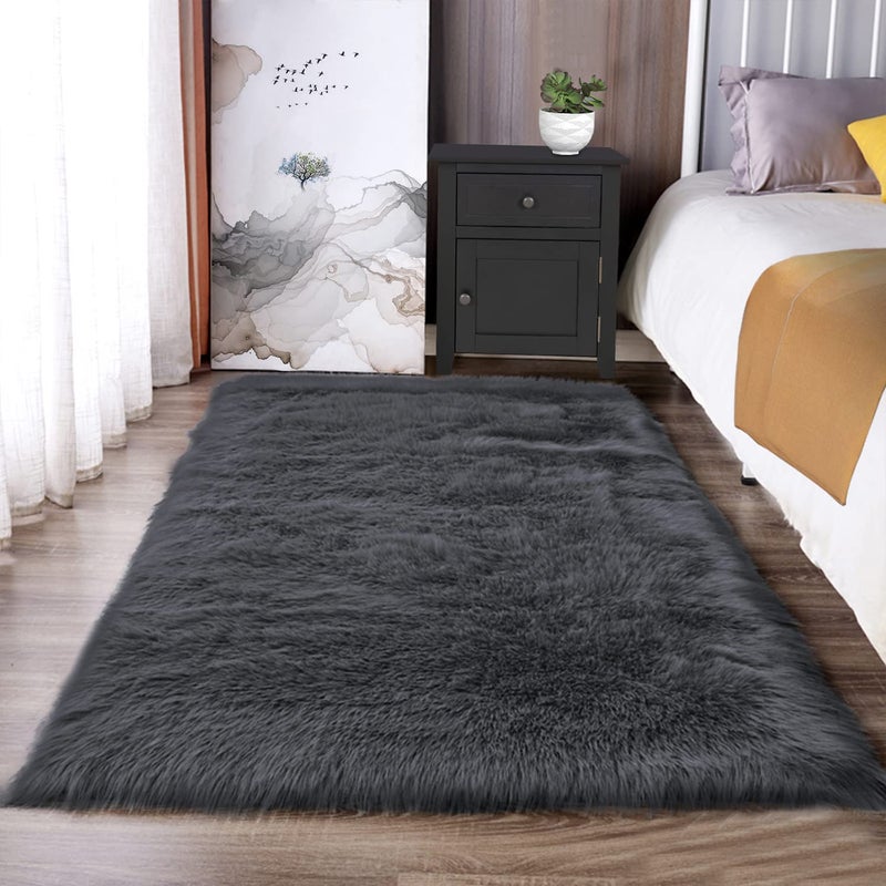 Latepis Dark Grey Fur 3x5 Area Shaggy Bedside Faux Sheepskin Rug for Bedroom Washable Furry Rugs Fuzzy Rug for Living Room Sofa Cushion Luxury Home Decor - Image 1