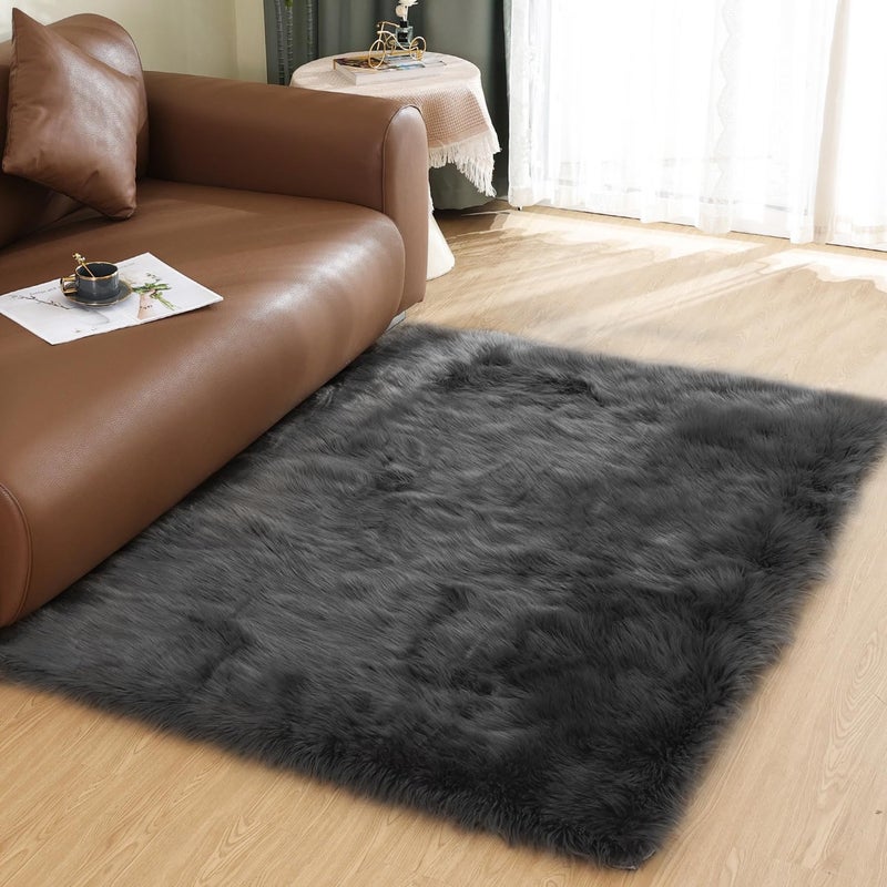 Latepis Dark Grey Fur 3x5 Area Shaggy Bedside Faux Sheepskin Rug for Bedroom Washable Furry Rugs Fuzzy Rug for Living Room Sofa Cushion Luxury Home Decor - Image 2