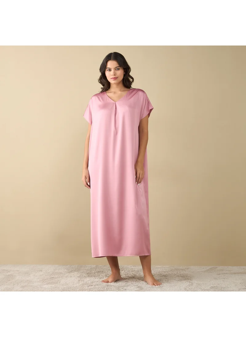 FAV Solid V-neck Night Gown with Short leeves