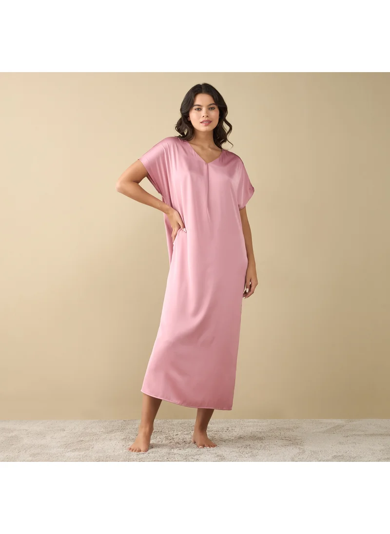 FAV Solid V-neck Night Gown with Short leeves