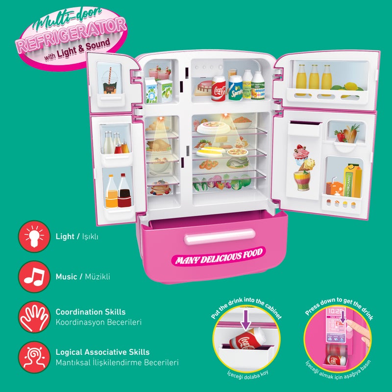 أوجي موجي تويز طقم لعب ثلاجة متعددة الأبواب مع إضاءة وصوت، لعبة تفاعلية لمحاكاة الثلاجة مزودة بأضواء وأصوات واقعية وأبواب متعددة للعب الأدوار، هدية مثالية للبنات من عمر 3 سنوات فما فوق. - Image 4