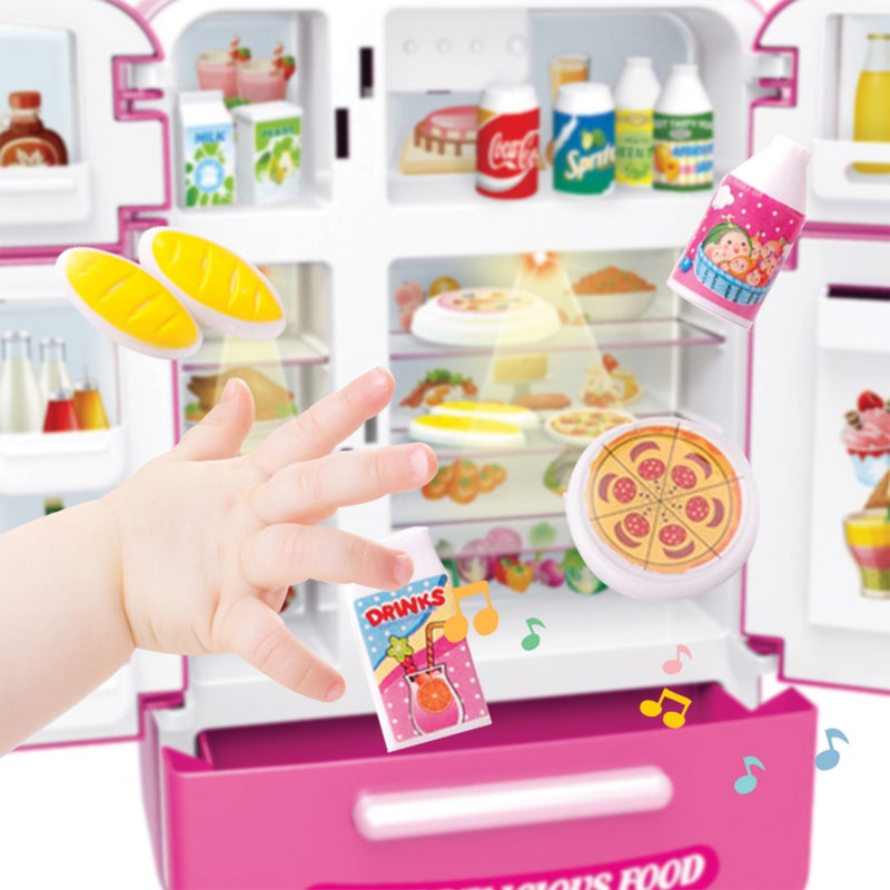 أوجي موجي تويز طقم لعب ثلاجة متعددة الأبواب مع إضاءة وصوت، لعبة تفاعلية لمحاكاة الثلاجة مزودة بأضواء وأصوات واقعية وأبواب متعددة للعب الأدوار، هدية مثالية للبنات من عمر 3 سنوات فما فوق. - Image 5