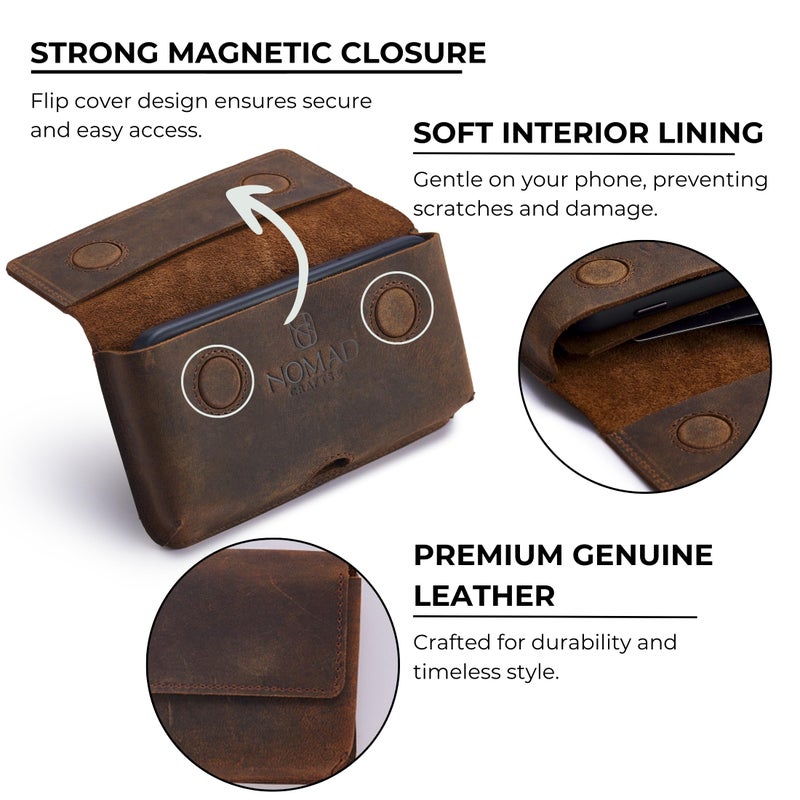 NomadCraftsCo. Genuine Leather Horizontal Phone Holster for Men, Horizontal Cell Phone Holder for Belt w/Magnet Closures, Handcrafted Cellphone Case for iPhone and Smartphones - Image 5