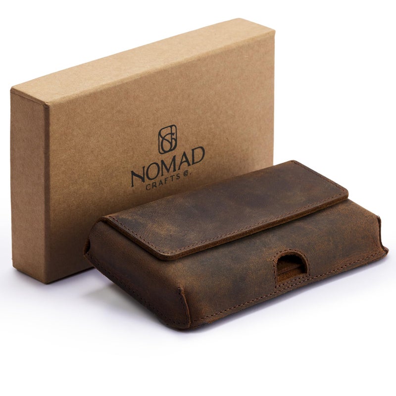 NomadCraftsCo. Genuine Leather Horizontal Phone Holster for Men, Horizontal Cell Phone Holder for Belt w/Magnet Closures, Handcrafted Cellphone Case for iPhone and Smartphones - Image 1