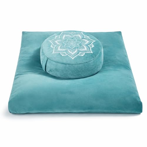 hunnidspace Meditation Zafu Cushion Set with Buckwheat Hulls & Memory Foam - Ergonomic Support for Yoga & Sitting - Removable Machine-Washable Luxury Velvet Cover - for Adults and Kids (Green) - Image 1