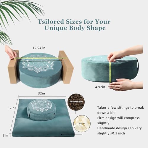 hunnidspace Meditation Zafu Cushion Set with Buckwheat Hulls & Memory Foam - Ergonomic Support for Yoga & Sitting - Removable Machine-Washable Luxury Velvet Cover - for Adults and Kids (Green) - Image 2