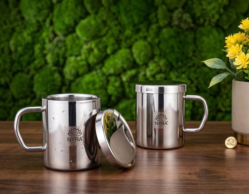 NYRA® Stainless Steel Double Walled Insulated Cup – 300 ML | Coffee and Tea Mug with Lid and Handle | Hotel | Home | Restaurant | Multipurpose Mug (Set of 2 Pcs) - Image 2