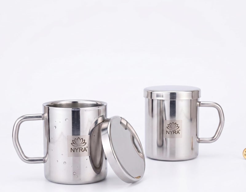 NYRA® Stainless Steel Double Walled Insulated Cup – 300 ML | Coffee and Tea Mug with Lid and Handle | Hotel | Home | Restaurant | Multipurpose Mug (Set of 2 Pcs) - Image 1
